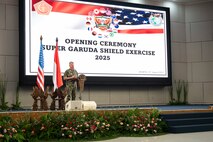 Adm. Samuel J. Paparo, commander of U.S. Indo-Pacific Command, speaks during the opening ceremony for Super Garuda Shield 2025, in Jakarta, Indonesia, Aug. 25, 2025.