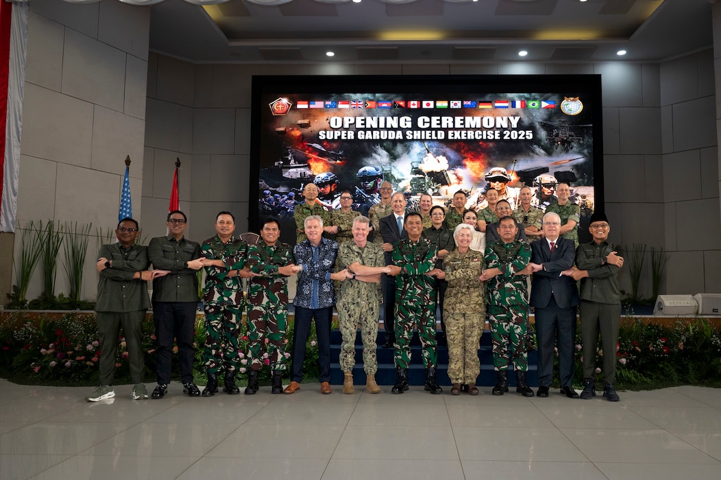 Adm. Samuel J. Paparo, commander of U.S. Indo-Pacific Command, joins senior military and government leaders for a group photo during the opening ceremony for Super Garuda Shield 2025, in Jakarta, Indonesia, Aug. 25, 2025.