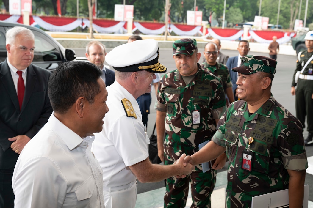 Adm. Samuel J. Paparo, commander of U.S. Indo-Pacific Command, greets senior military officials at the Ministry of Defense in Jakarta, Indonesia, Aug. 24, 2025.