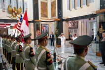 Adm. Samuel J. Paparo, commander of U.S. Indo-Pacific Command, receives honors from Indonesian Deputy Minister of Defense retired Air Marshal Donny Ermawan at the Ministry of Defense in Jakarta, Indonesia, Aug. 24, 2025.