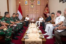 Adm. Samuel J. Paparo, commander of U.S. Indo-Pacific Command, meets with Indonesian Deputy Minister of Defense retired Air Marshal Donny Ermawan at the Ministry of Defense in Jakarta, Indonesia, Aug. 24, 2025.