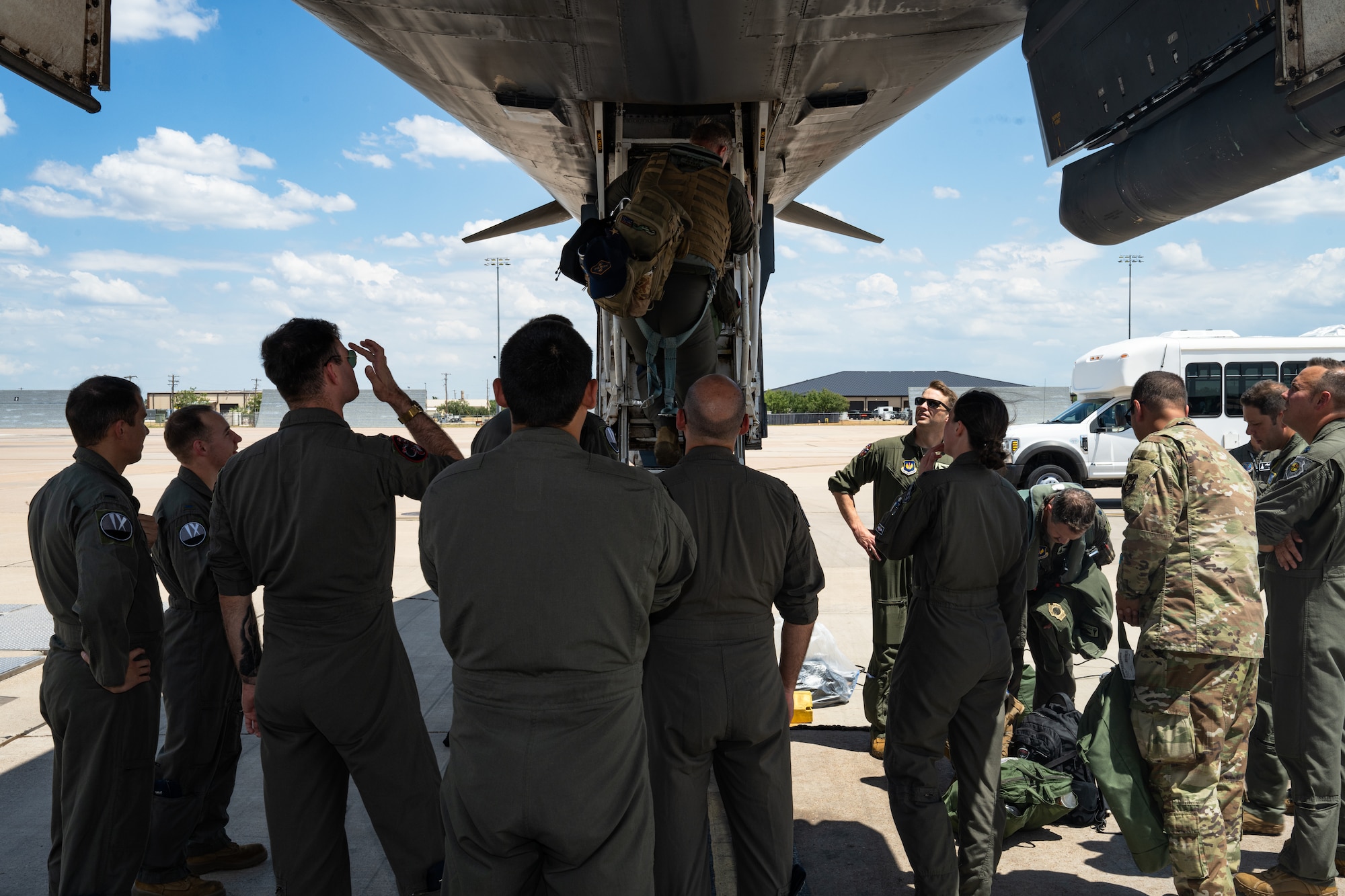 U.S. Airmen assigned to the 345th Expeditionary Bomb Squadron return from Bomber Task Force Europe at Dyess Air Force Base, Texas, Aug. 22, 2025. Active-duty and reserve Airmen assigned to the 7th Bomb Wing and 489th Bomb Group deployed to Ørland Air Base, Norway, to sharpen warfighting readiness by training in conditions shaped by anti-access and area denial threats. (U.S. Air Force photo by Senior Airman Jade M. Caldwell)