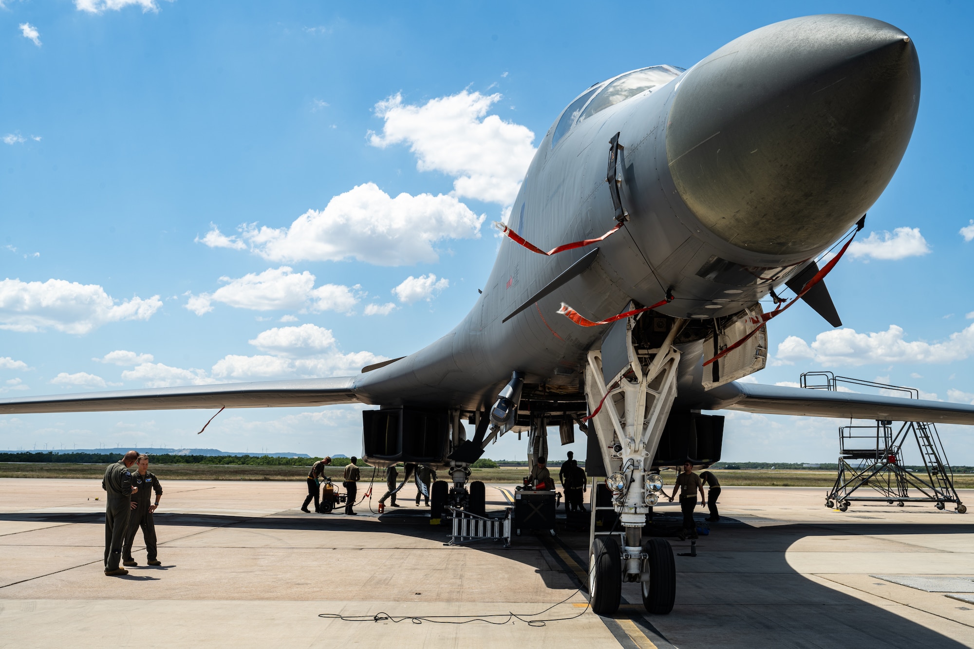 A U.S. Air Force B-1B Lancer assigned to the 345th Expeditionary Bomb Squadron is photographed after landing at Dyess Air Force Base, Texas, Aug. 22, 2025. Three B-1s deployed for Bomber Task Force Europe with a total force integration team composed of roughly 30% active-duty and 70% reserve Airmen from the 7th Bomb Wing and 489th Bomb Group. (U.S. Air Force photo by Senior Airman Jade M. Caldwell)