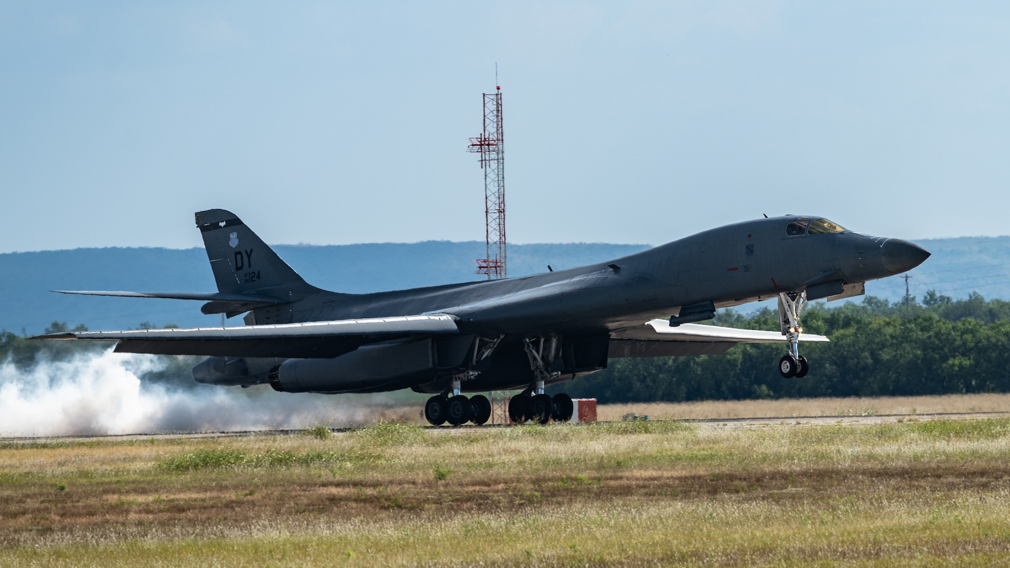 A U.S. Air Force B-1B Lancer assigned to the 345th Expeditionary Bomb Squadron lands at Dyess Air Force Base, Texas, Aug. 22, 2025. Three B-1s and a total force integration team comprised of Airmen assigned to the 7th Bomb Wing and 489th Bomb Group deployed in support of Bomber Task Force Europe at Ørland Air Base, Norway, training with NATO Allies on shared challenges across the region and building lasting security. (U.S. Air Force photo by Senior Airman Jade M. Caldwell)