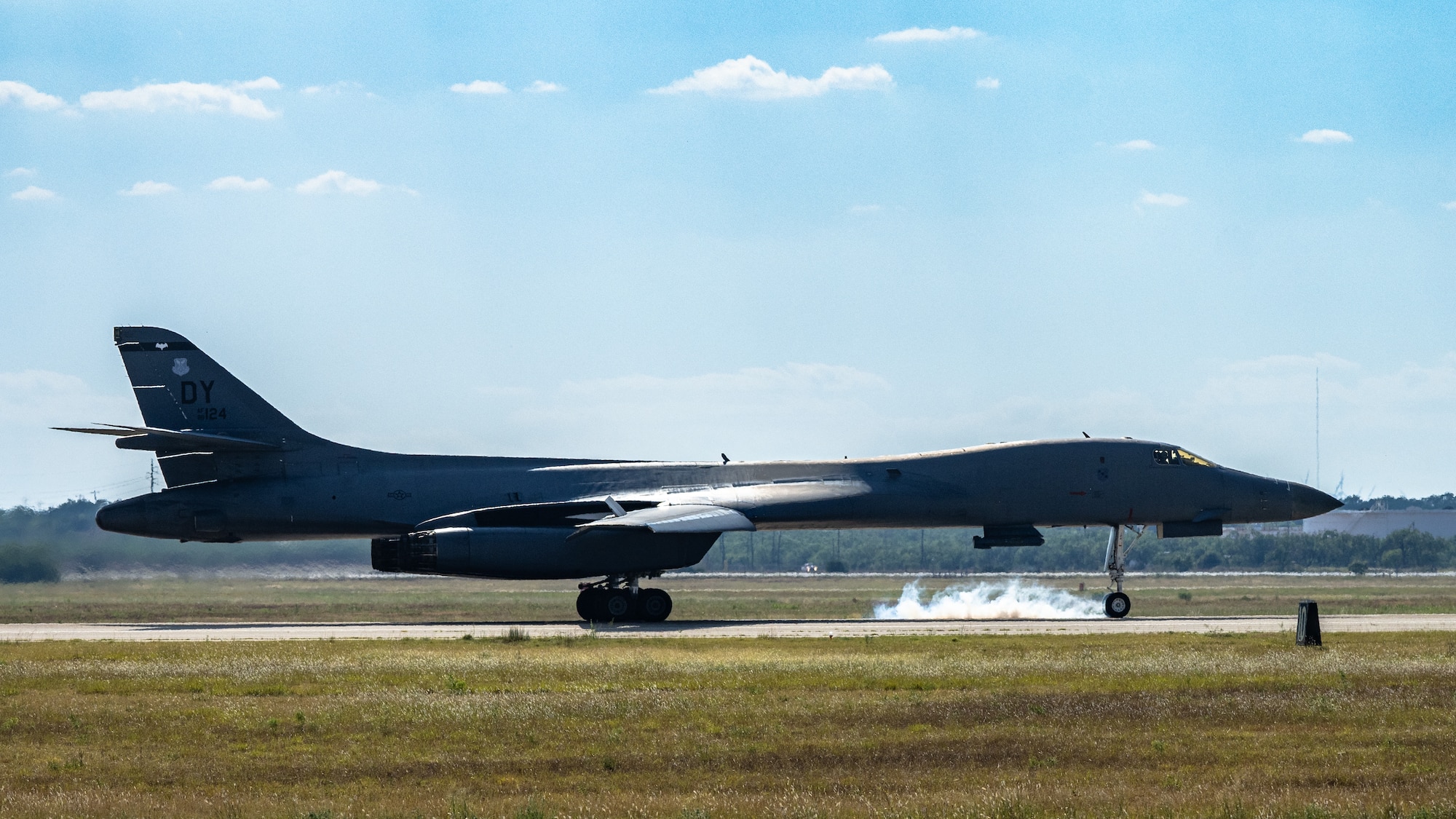 A U.S. Air Force B-1B Lancer assigned to the 345th Expeditionary Bomb Squadron lands at Dyess Air Force Base, Texas, Aug. 22, 2025. Three B-1s and a total force integration team comprised of Airmen assigned to the 7th Bomb Wing and 489th Bomb Group deployed in support of Bomber Task Force Europe at Ørland Air Base, Norway, training with NATO Allies on shared challenges across the region and building lasting security. (U.S. Air Force photo by Senior Airman Jade M. Caldwell)