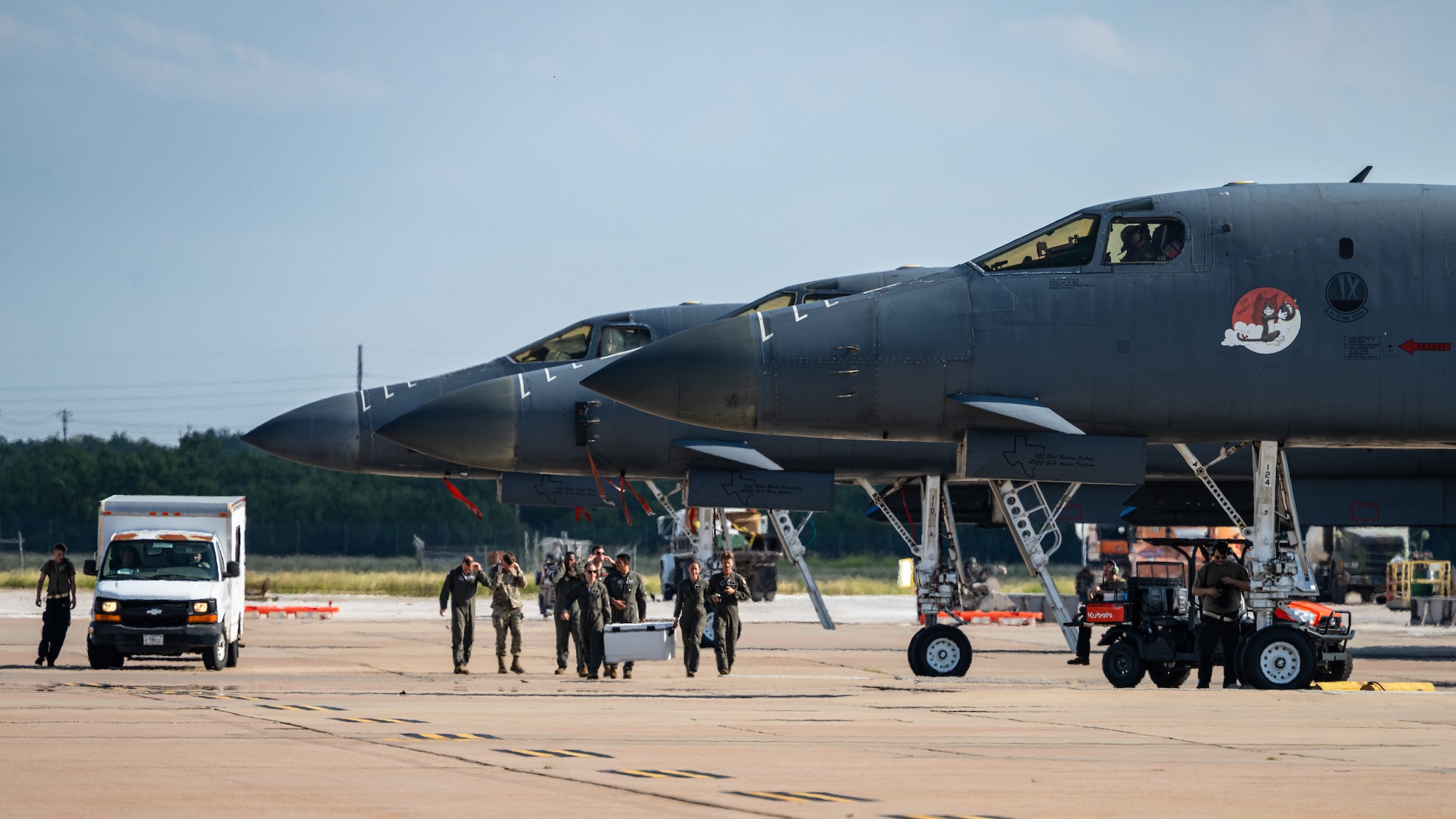 U.S. Airmen assigned to the 345th Expeditionary Bomb Squadron return from Bomber Task Force Europe at Dyess Air Force Base, Texas, Aug. 22, 2025. Throughout the deployment, U.S. bombers and aircrews trained alongside the Norwegian Air Force to rehearse gaining access to contested airspace, targeting threats, and maintaining coordination in simulated areas where freedom of movement is constrained. (U.S. Air Force photo by Senior Airman Jade M. Caldwell)