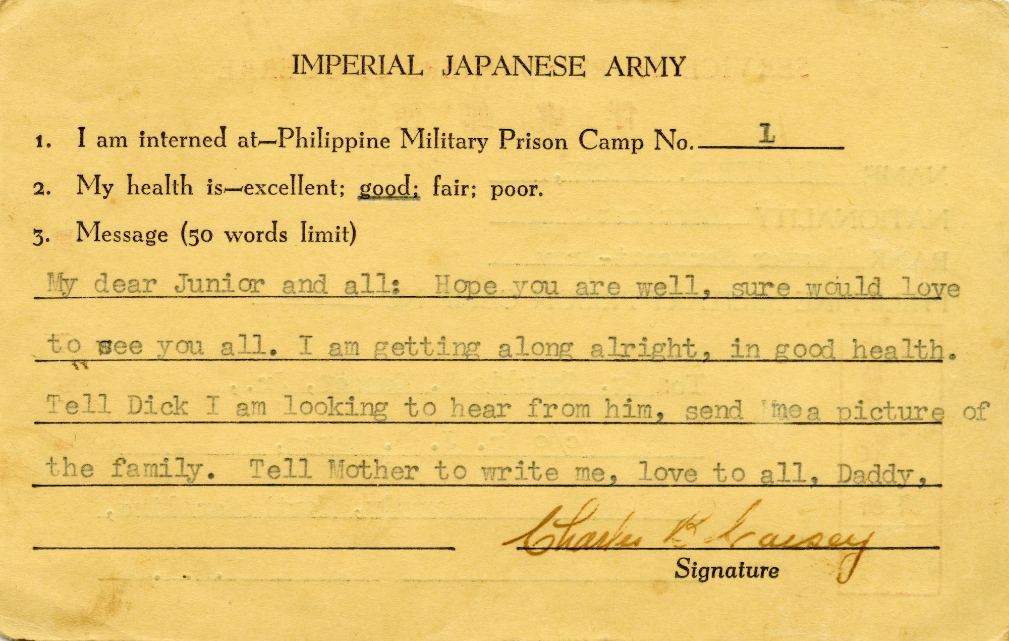 Copy (back and front) of the only correspondence Causey's family received from him after his capture. Philippine Military Camp No. 1 was at Cabanatuan.