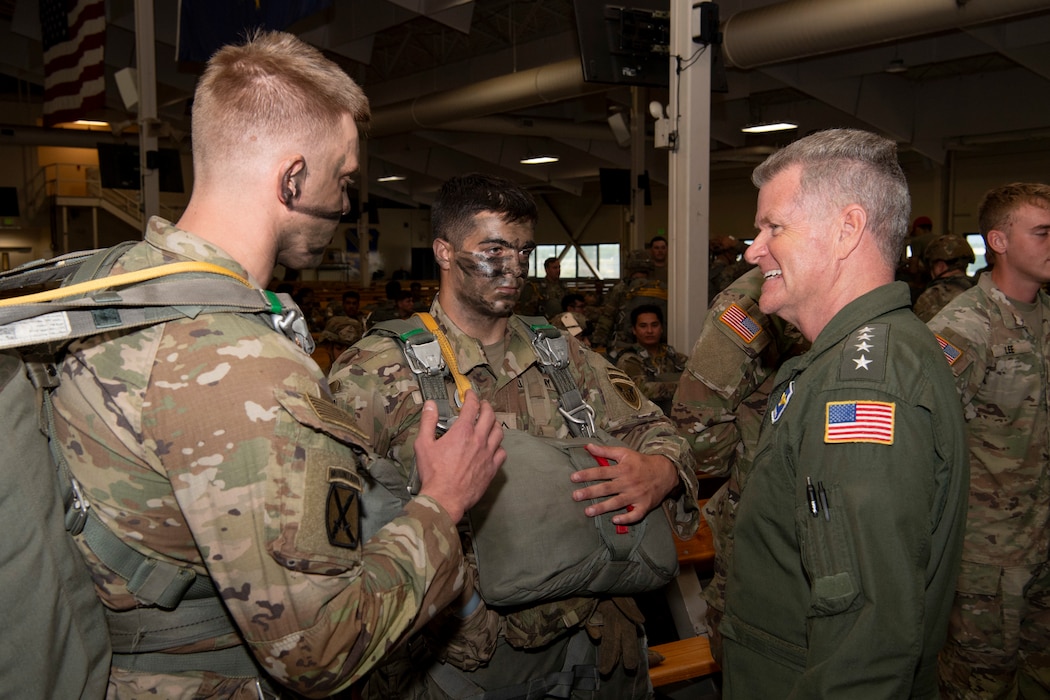 Adm. Samuel J. Paparo, commander of U.S. Indo-Pacific Command, met with Soldiers assigned to 11th Airborne Division during Northern Edge 25 on Joint Base Elmendorf-Richardson, Alaska, Aug. 19, 2025. The 11th Airborne Division delivers decisive large-scale combat operations in extreme cold weather, mountainous, and high-latitude environments, executing expeditionary operations worldwide and conducting Multi-Domain Operations throughout the Indo-Pacific theater and the Arctic. USINDOPACOM is committed to enhancing stability in the Indo-Pacific region by promoting security cooperation, encouraging peaceful development, responding to contingencies, deterring aggression and, when necessary, prevailing in conflict. (U.S. Army photo by Sgt. Austin Riel)