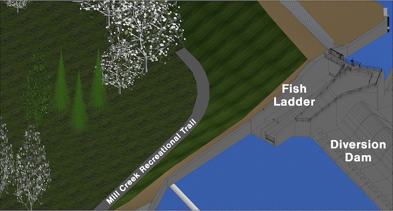 A rendering of the new fish ladder with geographic references for its location.