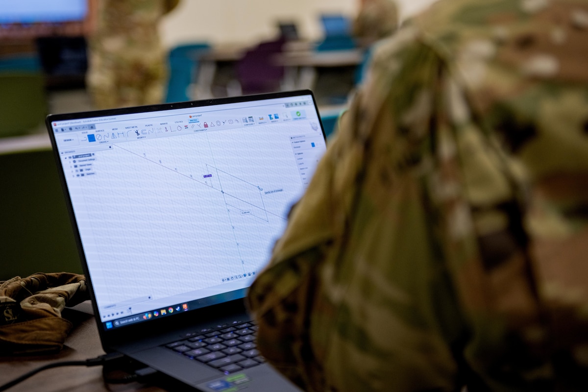 U.S. Air Force Staff Sgt. Peter Rivea, 67th Fighter Generation Squadron weapons specialist, practices blueprint creation during a manufacturing and design course.