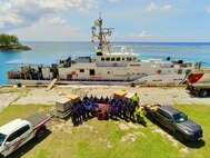 The USCGC Oliver Henry (WPC 1140) crew deliver 4,500 pounds of emergency rations to Rota, CNMI, on July 17, 2025, in coordination with the U.S. Congressional Office in Guam and Northern Islands Mayor’s Office.