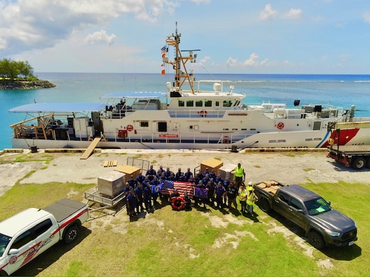 The USCGC Oliver Henry (WPC 1140) crew deliver 4,500 pounds of emergency rations to Rota, CNMI, on July 17, 2025, in coordination with the U.S. Congressional Office in Guam and Northern Islands Mayor’s Office.