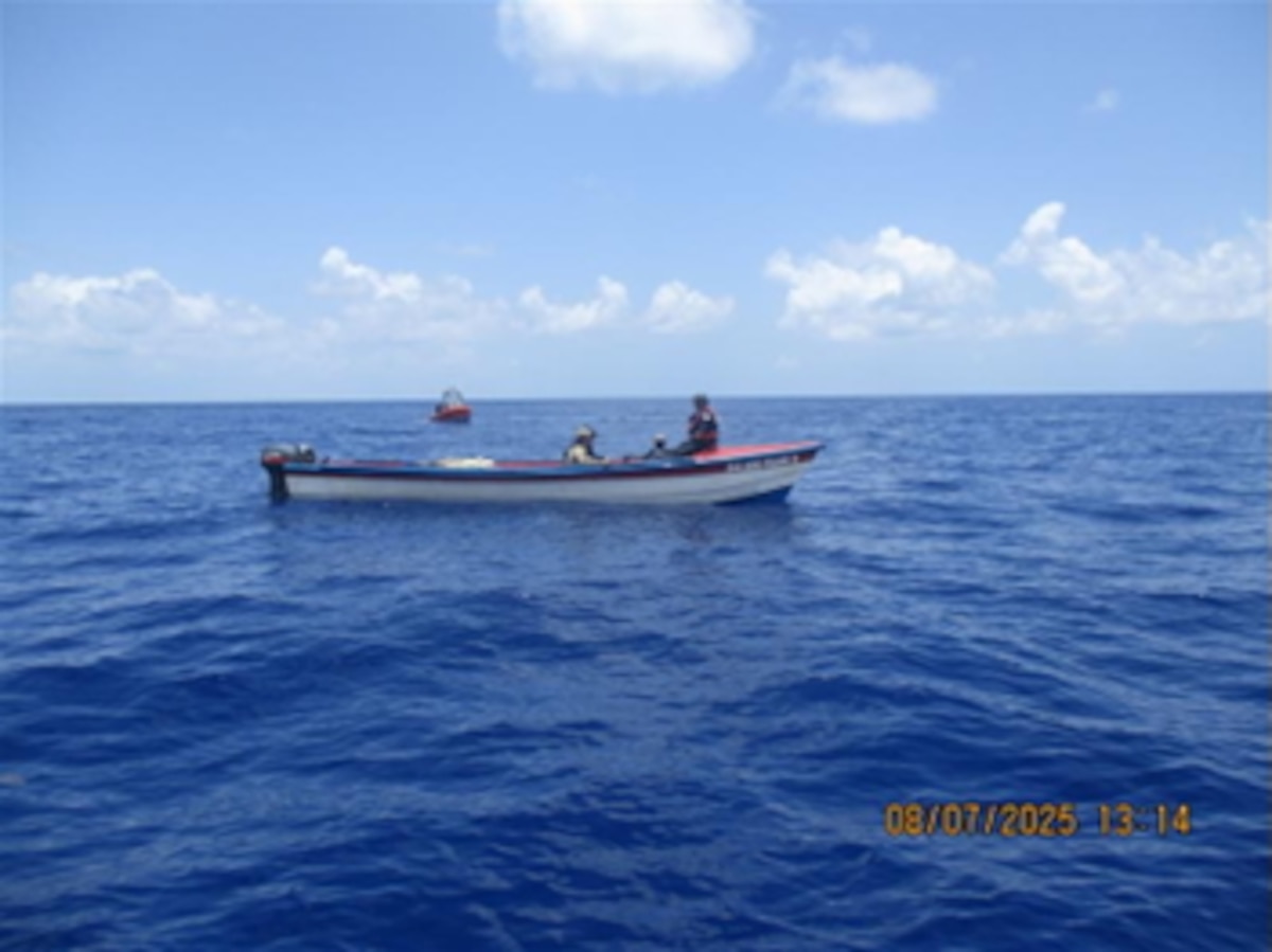 U.S. Coast Guard Cutter Diligence’s (WMEC 616) crew interdicts a suspicious go-fast vessel approximately 136 miles southwest of Negril, Jamaica, Aug. 7, 2025. The vessel was detected and boarded by Diligence’s crew, resulting in the seizure of 1,500 pounds of marijuana. (U.S. Coast Guard photo)