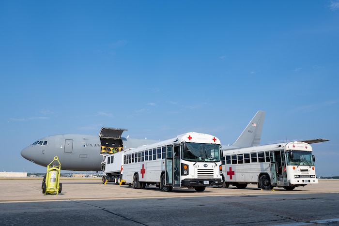 A U.S. Air Force KC-46 Pegasus aircraft, assigned to the 97th Air Mobility Wing sits on the flightline at Kelly Field, San Antonio, Texas, Aug. 21, 2025. The aircraft was loaded with medical equipment and personnel to conduct “Vapor Trails”, a joint mass-casualty and medical readiness exercises. (U.S. Air Force photo by Airman 1st Class Lauren Torres)