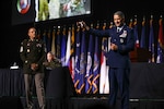 Air Force Gen. Steve Nordhaus, chief, National Guard Bureau, and Senior Enlisted Advisor John Raines, SEA to the CNGB, address attendees of the 147th National Guard Association of the United States General Conference, Milwaukee, Wisconsin, Aug. 23, 2025.