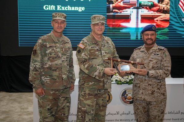 Air Force Gen. Steve Nordhaus, chief, National Guard Bureau, joins Gen. Fayyad Al-Ruwaili, chief of general staff, Saudi Arabian Armed Forces; Army Maj. Gen. Thomas Mancino, Oklahoma’s adjutant general; Army Brig. Gen. Lawrence Muennich, Indiana’s adjutant general, and senior enlisted leaders for a ceremony to formalize the Kingdom of Saudi Arabia’s entry into the 115-nation Department of Defense National Guard Bureau State Partnership Program, Riyadh, Saudi Arabia, Aug. 21, 2025. Under the SPP, Indiana and Oklahoma National Guardsmen will train with Saudi Arabian Armed Forces counterparts to build collective readiness to enhance regional stability and advance global security. (U.S. Army National Guard photo by Master Sgt. Zach Sheely)