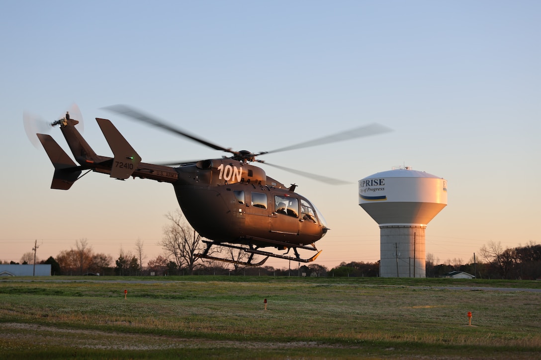 UH-72 Lakota helicopter takes off at Shell Army Heliport, Fort Novosel, Alabama, during training.