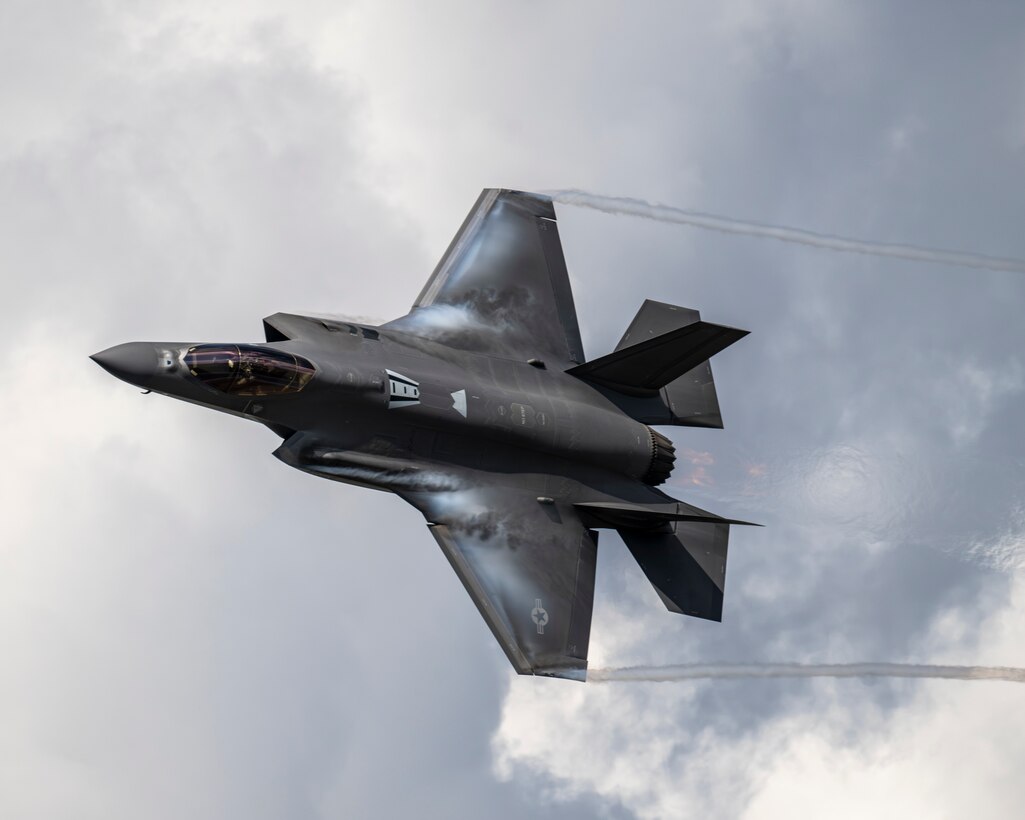 U.S. Air Force Maj. Melanie "Mach" Kluesner, pilot of the F-35A Demonstration Team, performs aerial maneuvers at the Sun 'n Fun Airshow in Lakeland, Florida, April 1, 2025. The team travels across the country to demonstrate the unmatched capabilities of the F-35A Lightning II and highlight the skill of U.S. Air Force pilots.