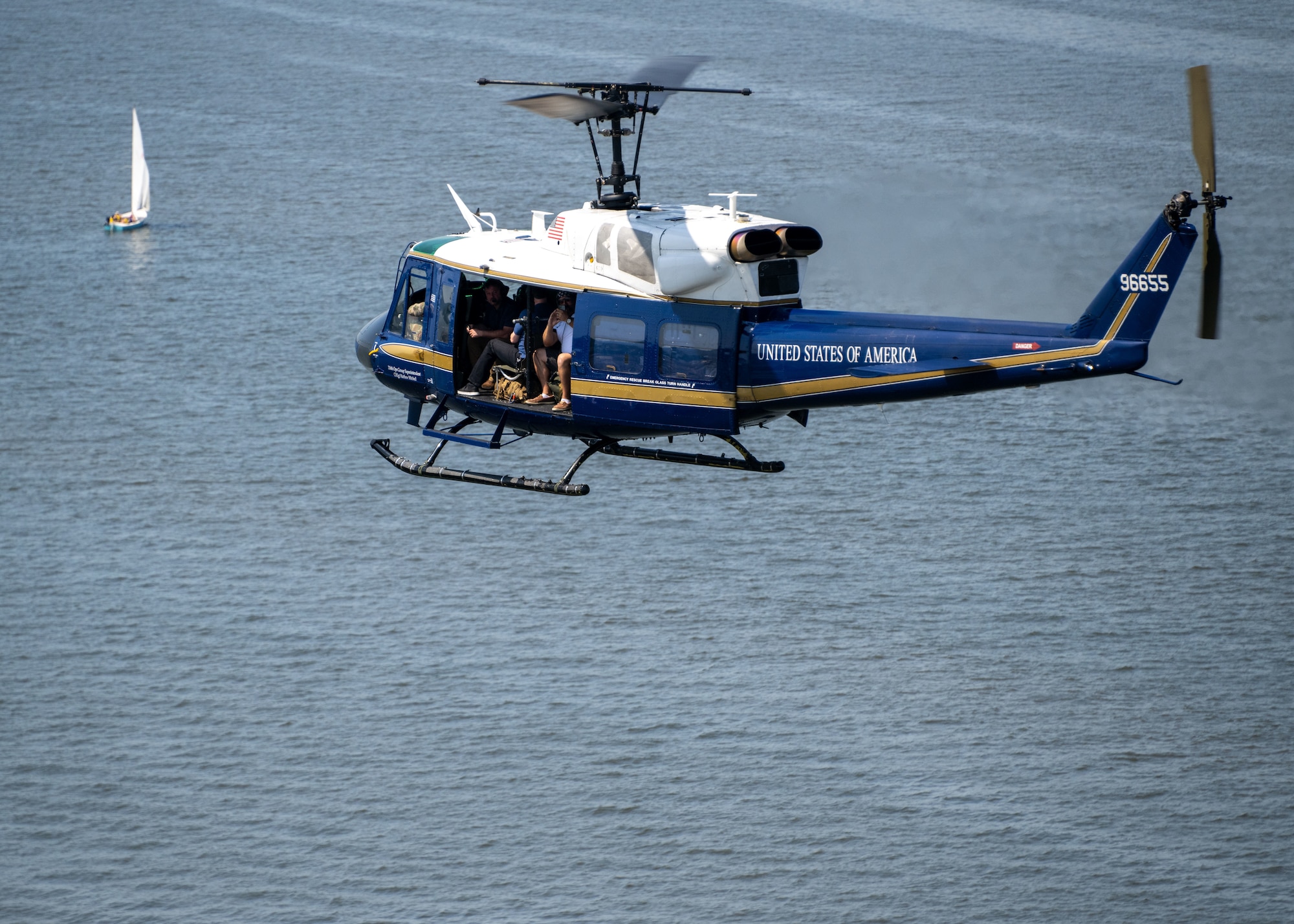 A UH-1N Huey helicopter assigned to the 1st Helicopter Squadron flies over the Potomac River in Washington, D.C., July 4, 2024.