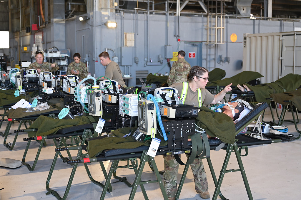 Air Force medical personnel attend to notional patients during Exercise Ultimate Caduceus 2025 at Travis Air Force Base, California, July 28, 2025. (U.S. Air Force photo by Matt Brafman)