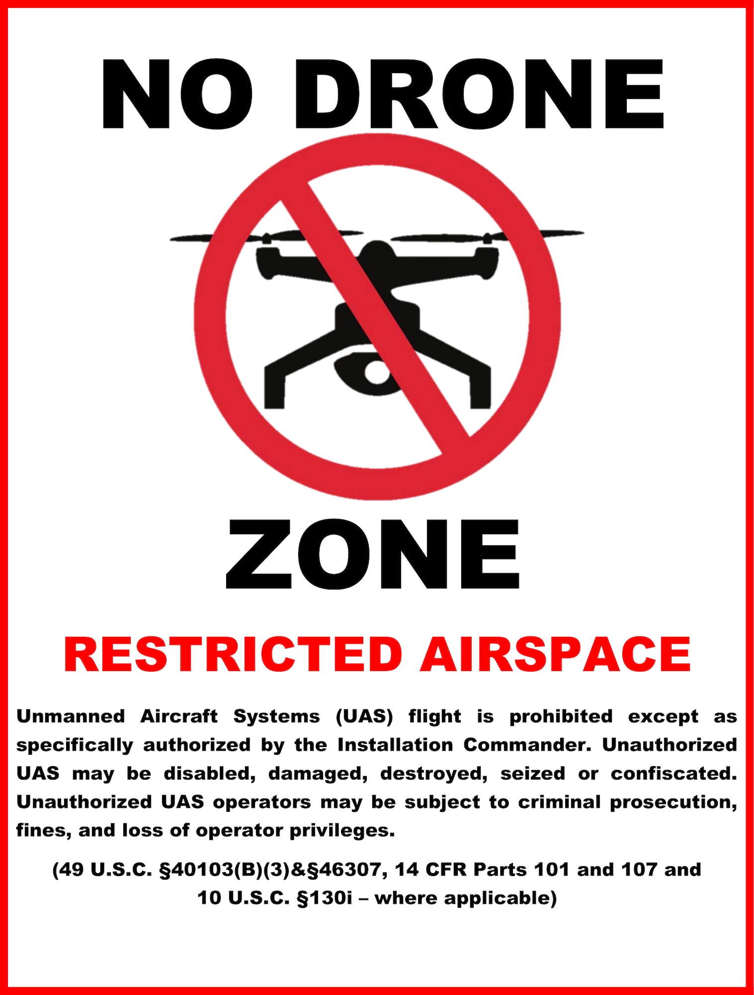 A "No Drone Zone" graphic highlighting restricted airspace around military installations.