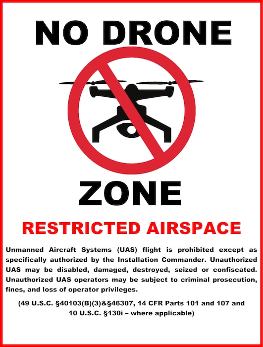 A "No Drone Zone" graphic highlighting restricted airspace around military installations.