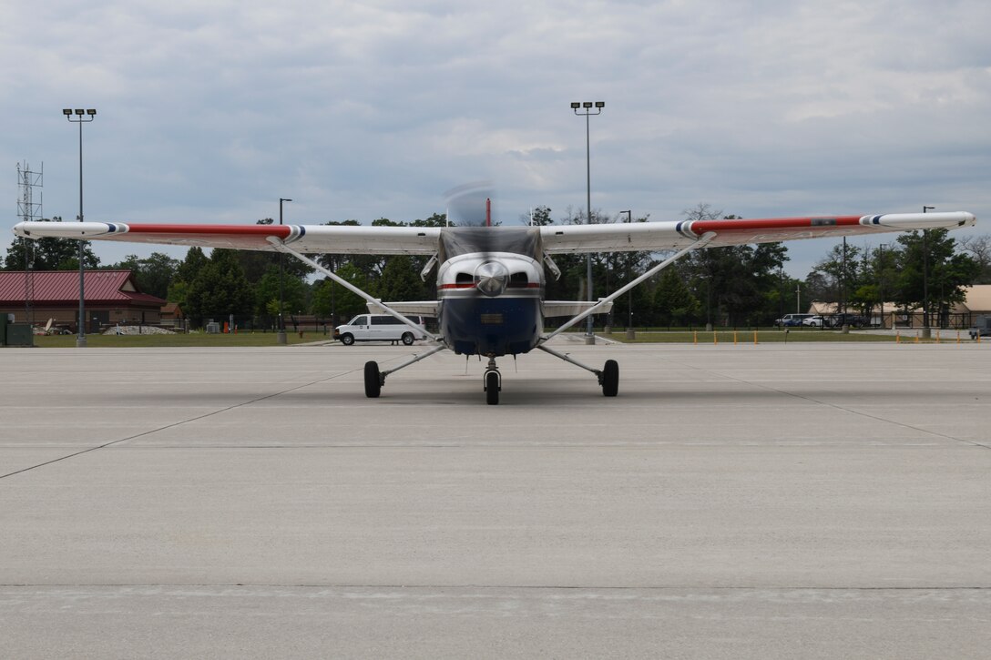 A Michigan Wing Civil Air Patrol Cessna 172 Skylane parks on the ramp at the Alpena Combat Readiness Training Center, Michigan during Exercise Northern Strike 2024-2, Aug. 4, 2024.