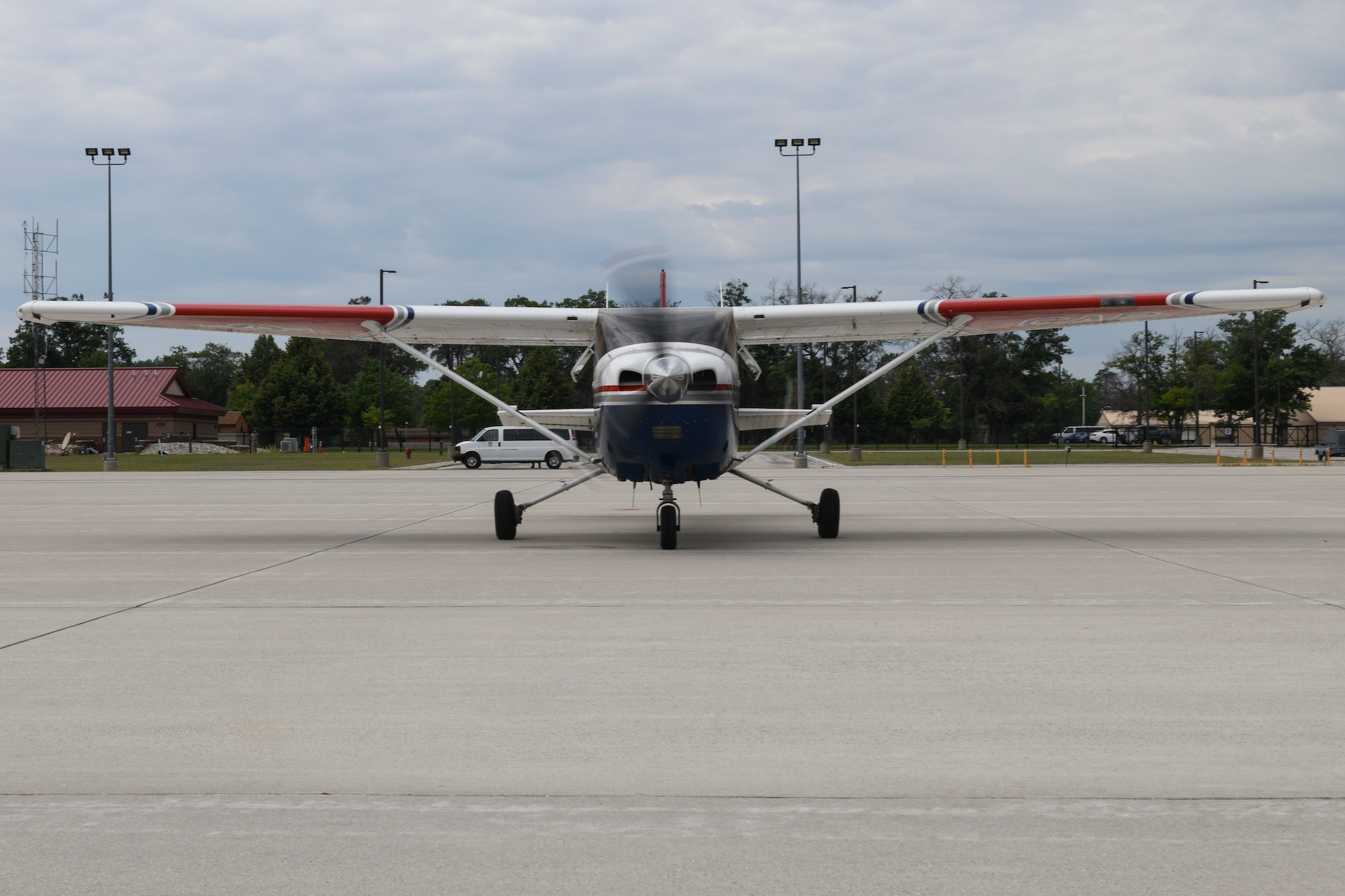 A Michigan Wing Civil Air Patrol Cessna 172 Skylane parks on the ramp at the Alpena Combat Readiness Training Center, Michigan during Exercise Northern Strike 2024-2, Aug. 4, 2024.