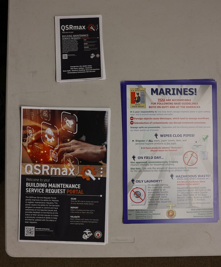 Barracks-related fliers are displayed on a table during a Barracks Manager Course at Marine Corps Base Camp Pendleton, Aug. 20, 2025. Hosted by the Unaccompanied Housing Division, the course is designed to introduce the roles and responsibilities of barracks managers involved in the day-to-day operation and management of barracks facilities, including eligibility determination, resident assignment and termination, inspections, maintenance, furnishing, and resident customer relations. (U.S. Marine Corps photo by Cpl. Jacqueline Akamelu)