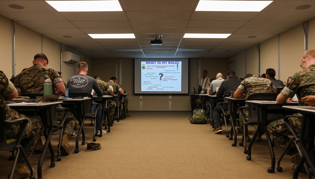 U.S. Marines and civilians across Marine Corps Base Camp Pendleton attend a Barracks Manager Course at MCB Camp Pendleton, Aug. 20, 2025. Hosted by the Unaccompanied Housing Division, the course is designed to introduce the roles and responsibilities of barracks managers involved in the day-to-day operation and management of barracks facilities, including eligibility determination, resident assignment and termination, inspections, maintenance, furnishing, and resident customer relations. (U.S. Marine Corps photo by Cpl. Jacqueline Akamelu)