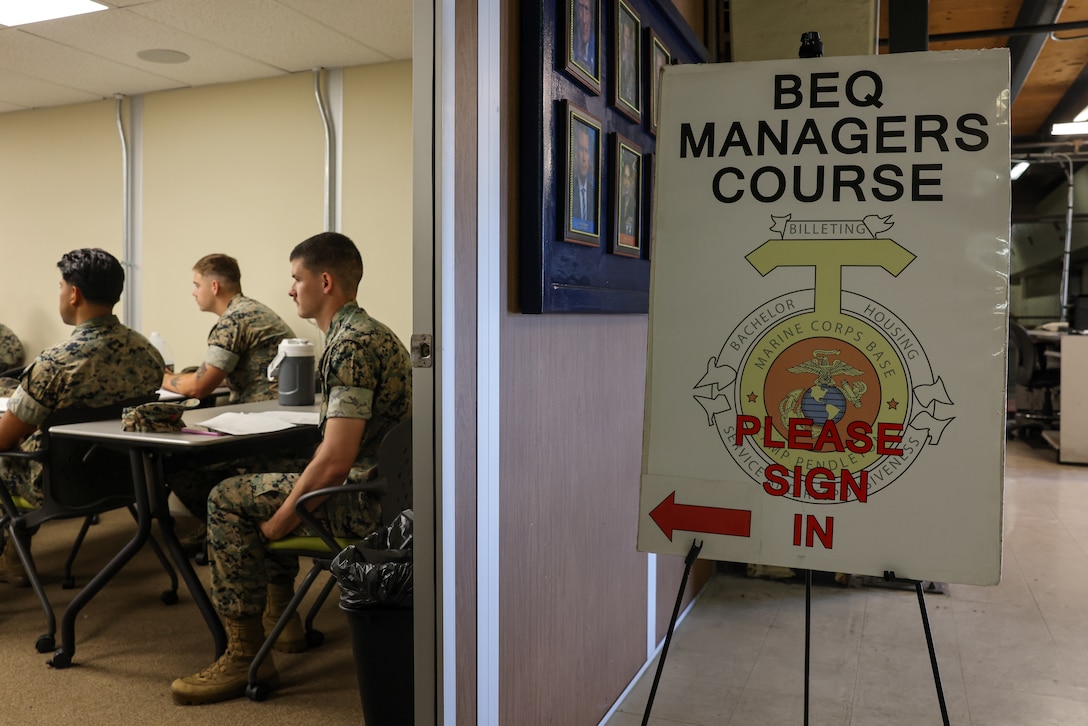 U.S. Marines and civilians across Marine Corps Base Camp Pendleton attend a Barracks Manager Course at MCB Camp Pendleton, Aug. 20, 2025. Hosted by the Unaccompanied Housing Division, the course is designed to introduce the roles and responsibilities of barracks managers involved in the day-to-day operation and management of barracks facilities, including eligibility determination, resident assignment and termination, inspections, maintenance, furnishing, and resident customer relations. (U.S. Marine Corps photo by Cpl. Jacqueline Akamelu)