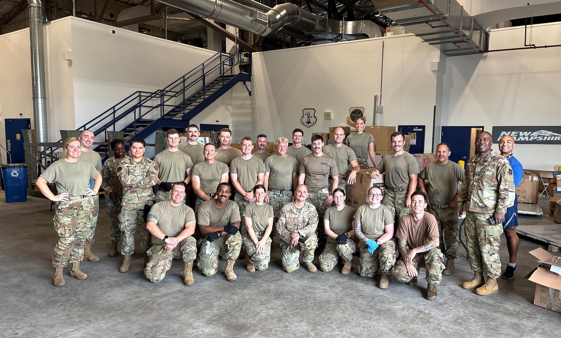 Airmen from the 157th Air Refueling Wing pack critical resources to send to the hardest hit areas in Cabo Verde after Tropical Storm Erin, Aug. 14, 2025