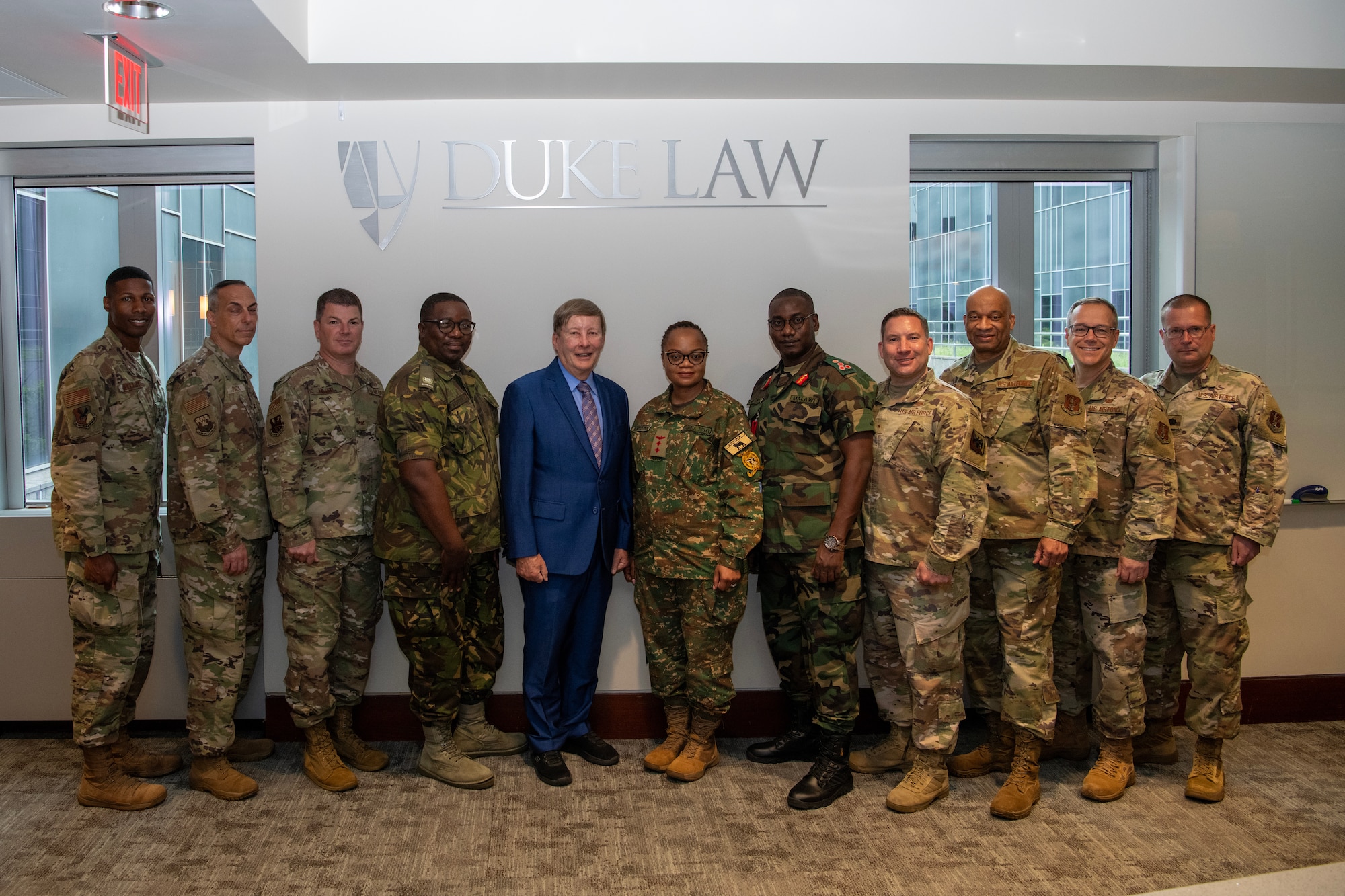 North Carolina Air National Guard judge advocates pose for a photo with state partnership program attorneys and retired Air Force Maj. Gen. Charlie Dunlap, Jr, at Duke University’s School of Law, Durham, North Carolina, July 31, 2025.