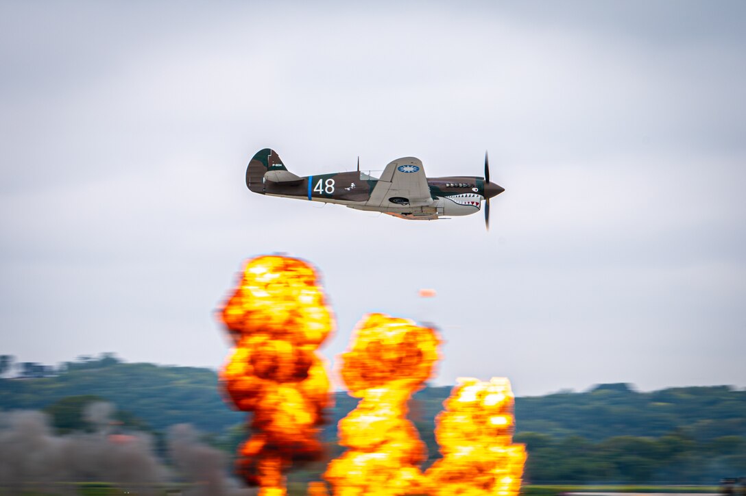 Missouri Congressman Sam Graves performs in a P-40 Warhawk aircraft, during the Speed of Sound Airshow, at Rosecrans Air National Guard Base in St. Joseph, Missouri, Sept. 14, 2024.