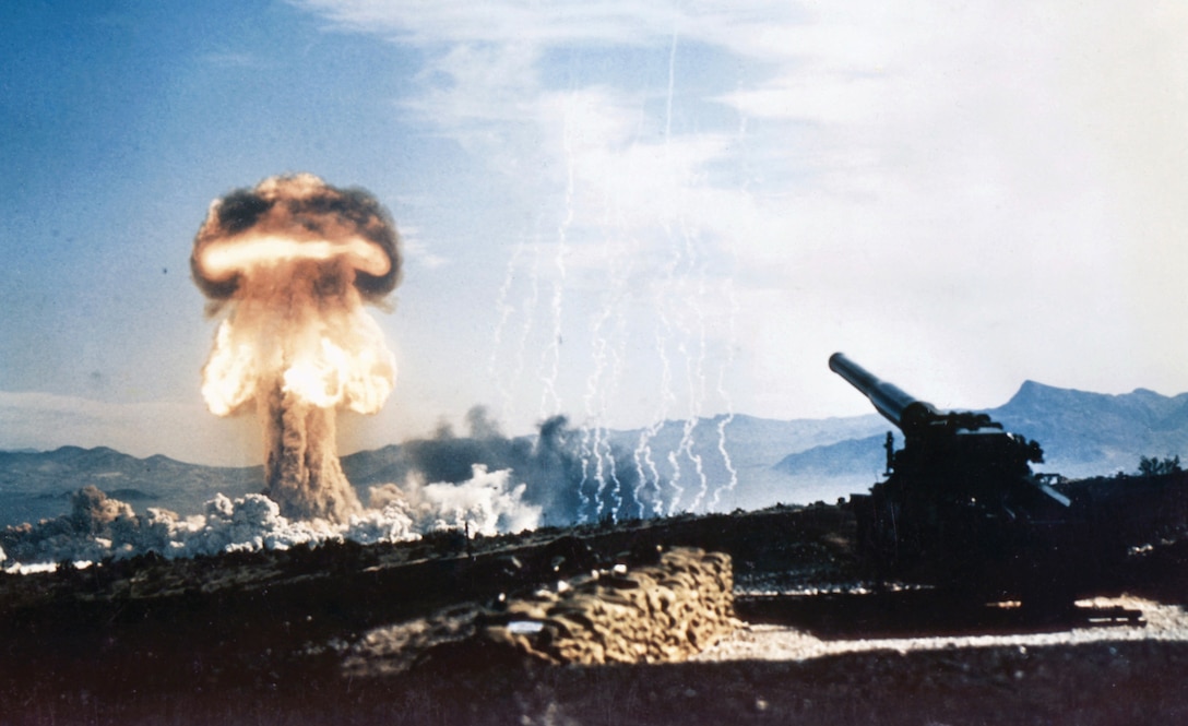 Grable event, part of Operation Upshot-Knothole, involved 15-kiloton nuclear weapons test using M9 280-millimeter Artillery Fired Atomic Projectile fired from M65 Atomic Cannon, May 25, 1953, in Area 5 of Nevada Test Site