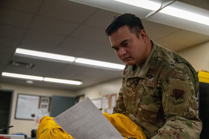 U.S. Air Force Tech. Sgt. Michael Goodwin, 9th Physiological Support Squadron (PSPTS) aircrew flight equipment technician, checks the integrity of one of the full pressure suits used by U-2 Dragon Lady pilots at Beale Air Force Base, California, July 29, 2025.
