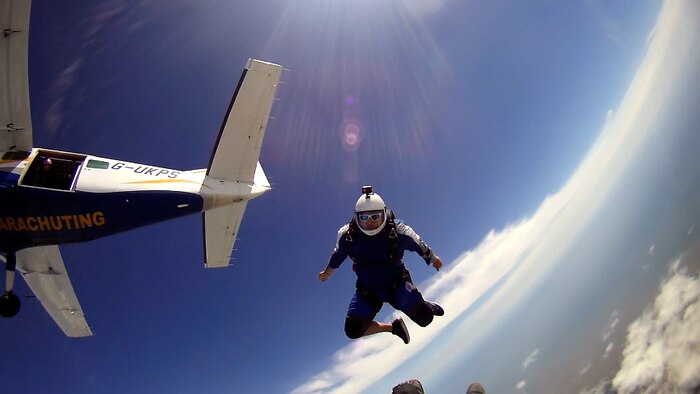 U.S. Air Force Tech. Sgt. Michael Goodwin, 9th Physiological Support Squadron aircrew flight equipment technician, skydives over the United Kingdom August 7, 2021.