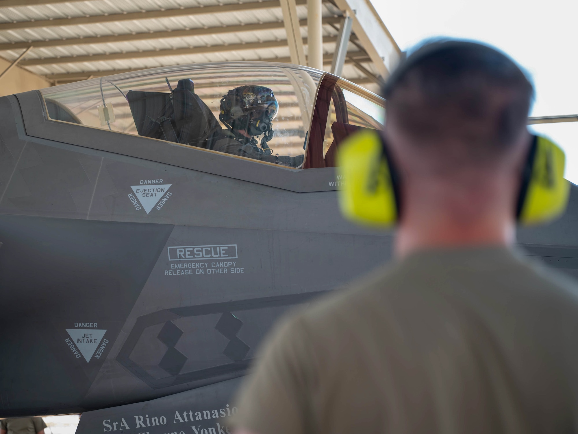 U.S. Air Force Maj. Lewis Bloom, 56th Fighter Wing deputy chief of advanced programs, prepares an F-35A Lightning II for take-off, Aug. 12, 2025, at Luke Air Force Base, Arizona.