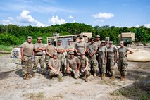 U.S. Army Soldiers from the 1970th Quartermaster Company, Illinois Army National Guard, pose for a group photo in front of their water treatment facility in Baturaja, Indonesia, Aug. 24, 2025.