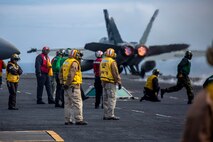An F/A-18E Super Hornet, attached to Strike Fighter Squadron (VFA) 151, launches from the flight deck of the Nimitz-class aircraft carrier USS Abraham Lincoln (CVN 72) during Northern Edge 2025 (NE25).