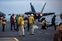 An F/A-18E Super Hornet, attached to Strike Fighter Squadron (VFA) 151, launches from the flight deck of the Nimitz-class aircraft carrier USS Abraham Lincoln (CVN 72) during Northern Edge 2025 (NE25).