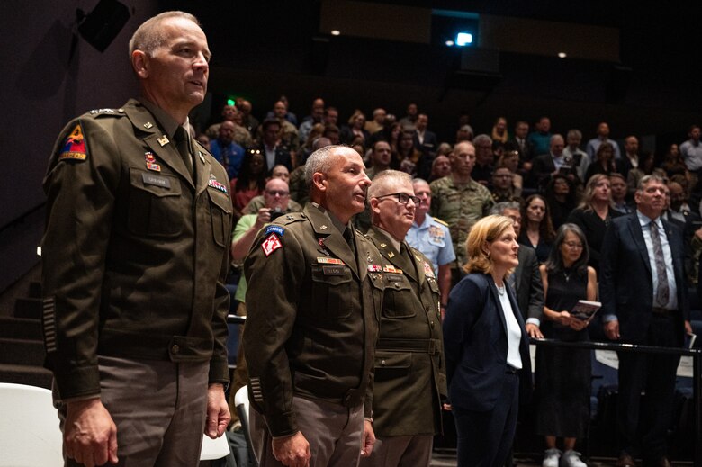The official party for the Change of Command pictured at the ceremony, from left to right: Chief of Engineers and U.S. Army Corps of Engineers Commander Lt. Gen. William H. Graham, Incoming South Pacific Division Commander Brig. Gen. John P. Lloyd, Outgoing South Pacific Division Commander Col. James J. Handura and South Pacific Division Regional Director of Programs Ms. Tambour Eller, SES, on Aug. 15, 2025.
