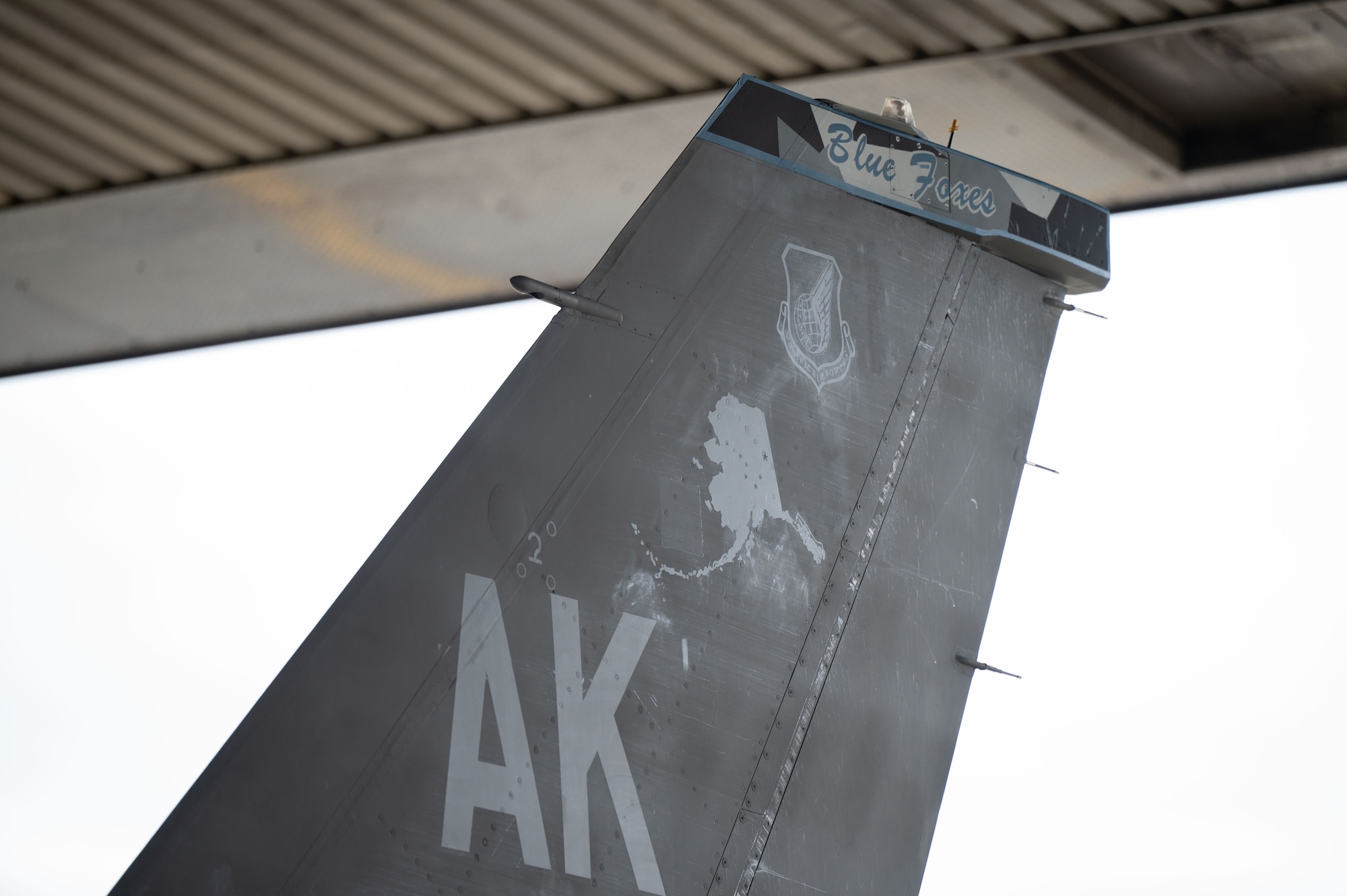 A U.S. Air Force F-16 Fighting Falcon assigned to the 18th Fighter Interceptor Squadron displays the squadron mascot name, Blue Foxes, at Eielson Air Force Base, Alaska, August 25, 2025.