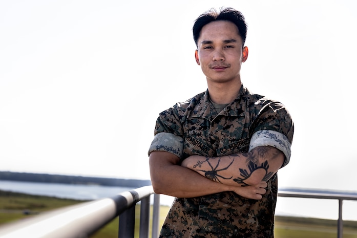 U.S. Marine Corps Cpl. Kevin Madriaga, an air traffic control communications technician, with Air Traffic Control Platoon poses for a photo at Marine Corps Air Station New River in Jacksonville, North Carolina, Aug. 25, 2025.
