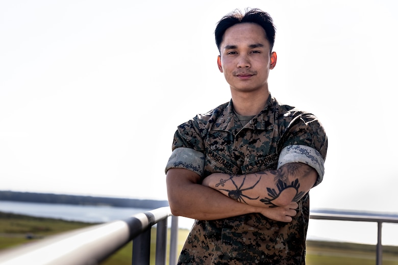 U.S. Marine Corps Cpl. Kevin Madriaga, an air traffic control communications technician, with Air Traffic Control Platoon poses for a photo at Marine Corps Air Station New River in Jacksonville, North Carolina, Aug. 25, 2025.