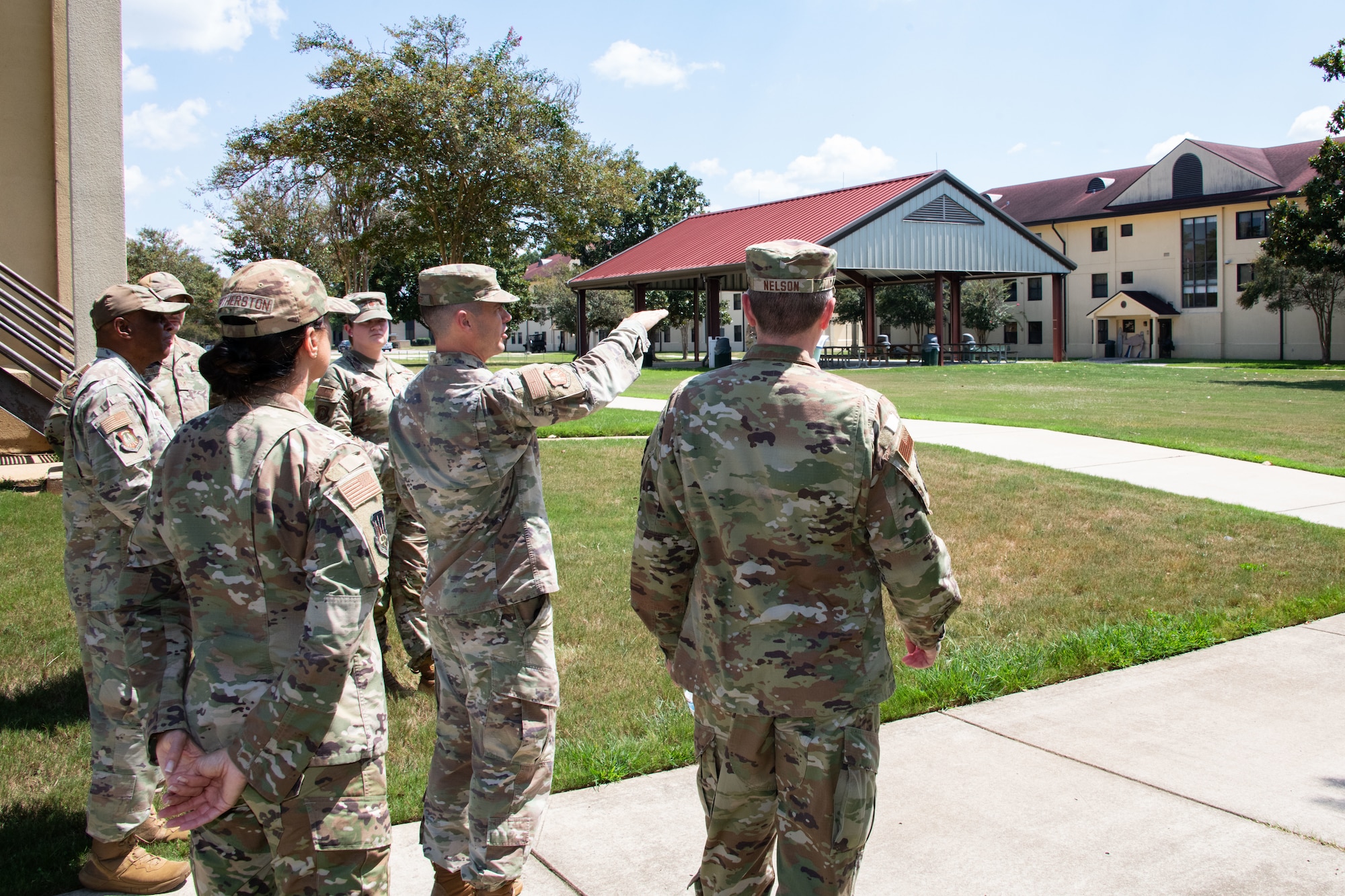 U.S. Air Force Brig. Gen. Jeffrey W. Nelson, commander of the Air Force Accessions Center and Air Force Recruiting Service at Joint Base San Antonio-Randolph, Texas, visits the AFROTC field dorms at Maxwell Air Force Base