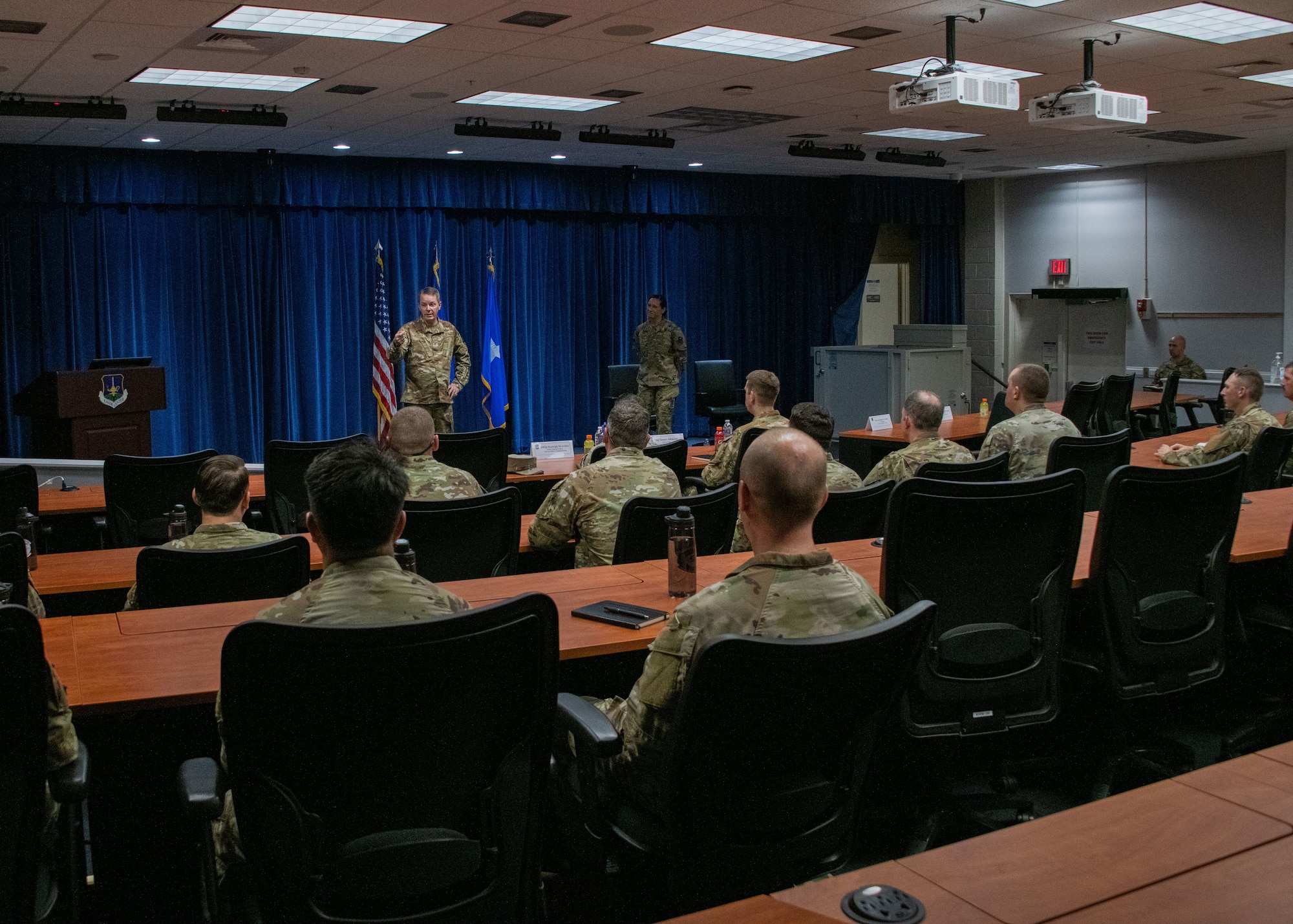 U.S. Air Force Brig. Gen. Jeffrey W. Nelson, commander of the Air Force Accessions Center and Air Force Recruiting Service at Joint Base San Antonio-Randolph, Texas, speaks to warrant officer candidates during a Warrant Officer Training School immersion tour at Maxwell Air Force Base, Alabama, Aug. 20, 2025.