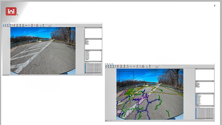 Screenshot of a before and after of the GoPro capturing a section of pavement and the Artificial Intelligence program reading it for defects.