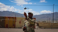 Sgt. White, 90th Sustainment Brigade, field tests the new Soldier Borne Sensor at Fort Bliss, Texas. (U.S. Army photo by Zach Montanaro)