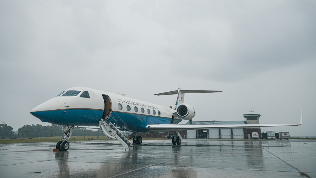 A U.S. Air Force Gulfstream C-37A attached to the 99th Airlift Squadron, Joint Base Andrews, Maryland, sits prepared to taxi on Marine Corps Air Station (MCAS) New River in Jacksonville, North Carolina, June 10, 2024.
